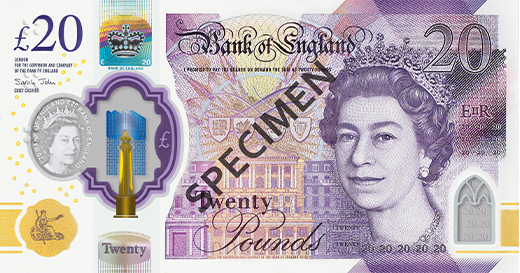 Specimen showing front of twenty pound note